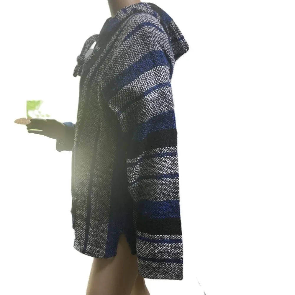 Roxy Blue Striped Hooded Drawstring Baja Sweater Indie Aesthetic Unisex Size Med